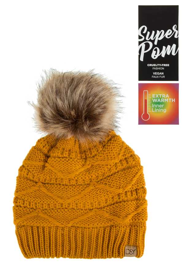 Cable Knit Beanie with Super Pom and Inner Lining