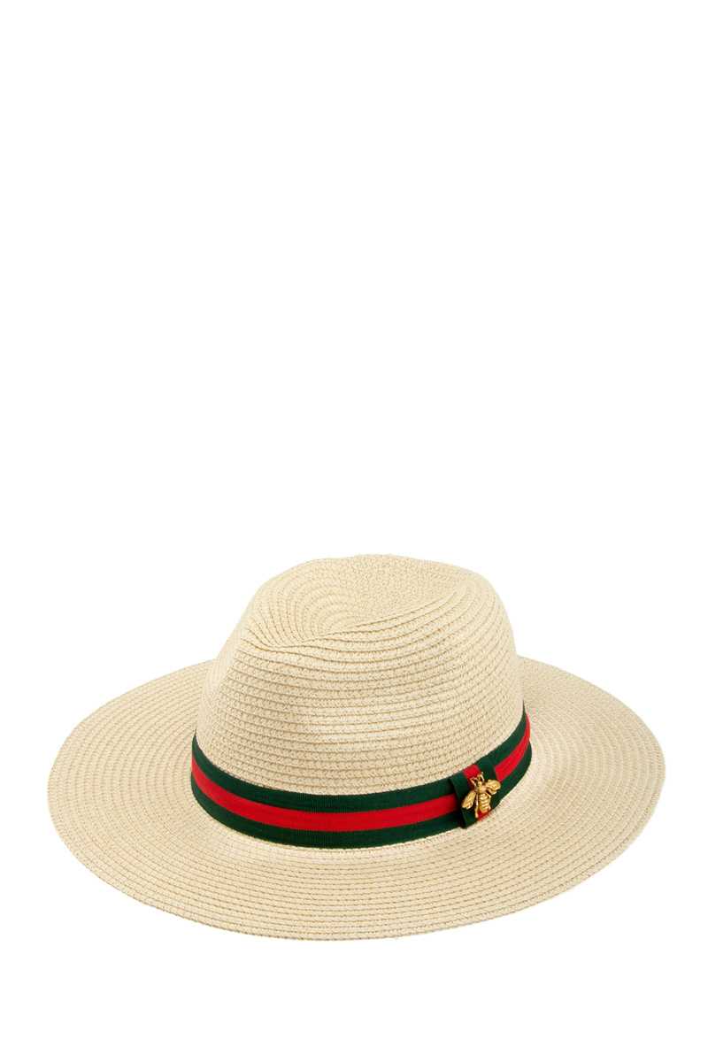 BEE DECORATED GREEN AND RED BAND STRAW FEDORA HAT