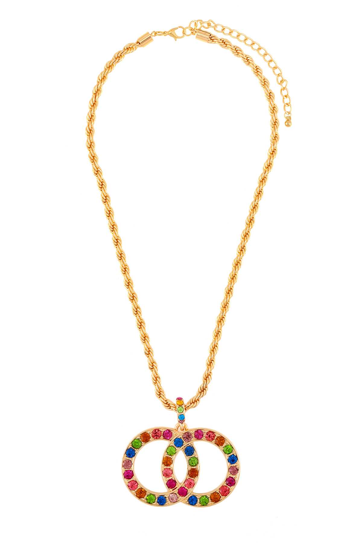 Stoned Double Circle Pendant Twist Chain Necklace