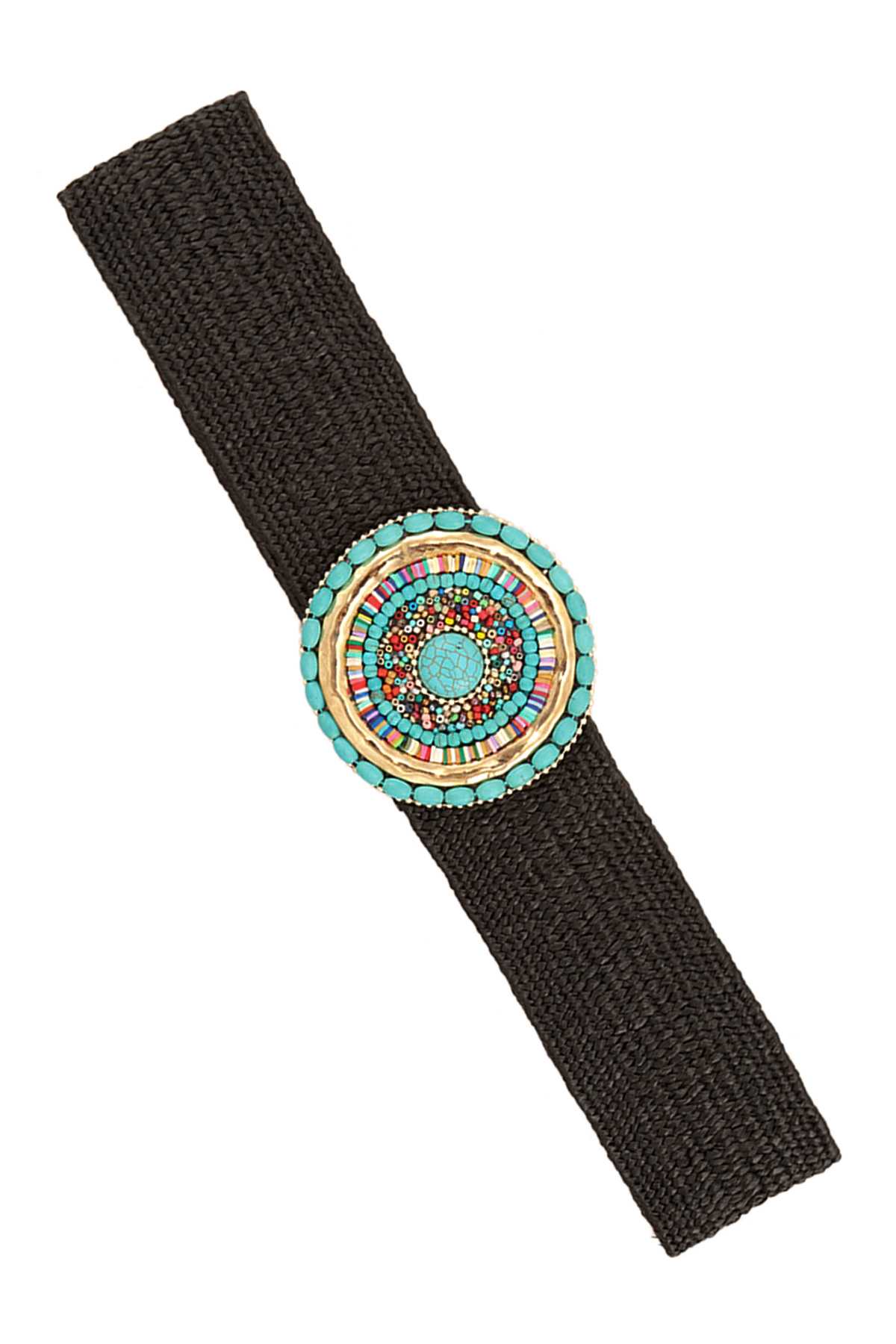 Turquoise Beads Round Buckle Ratan Stretch Belt