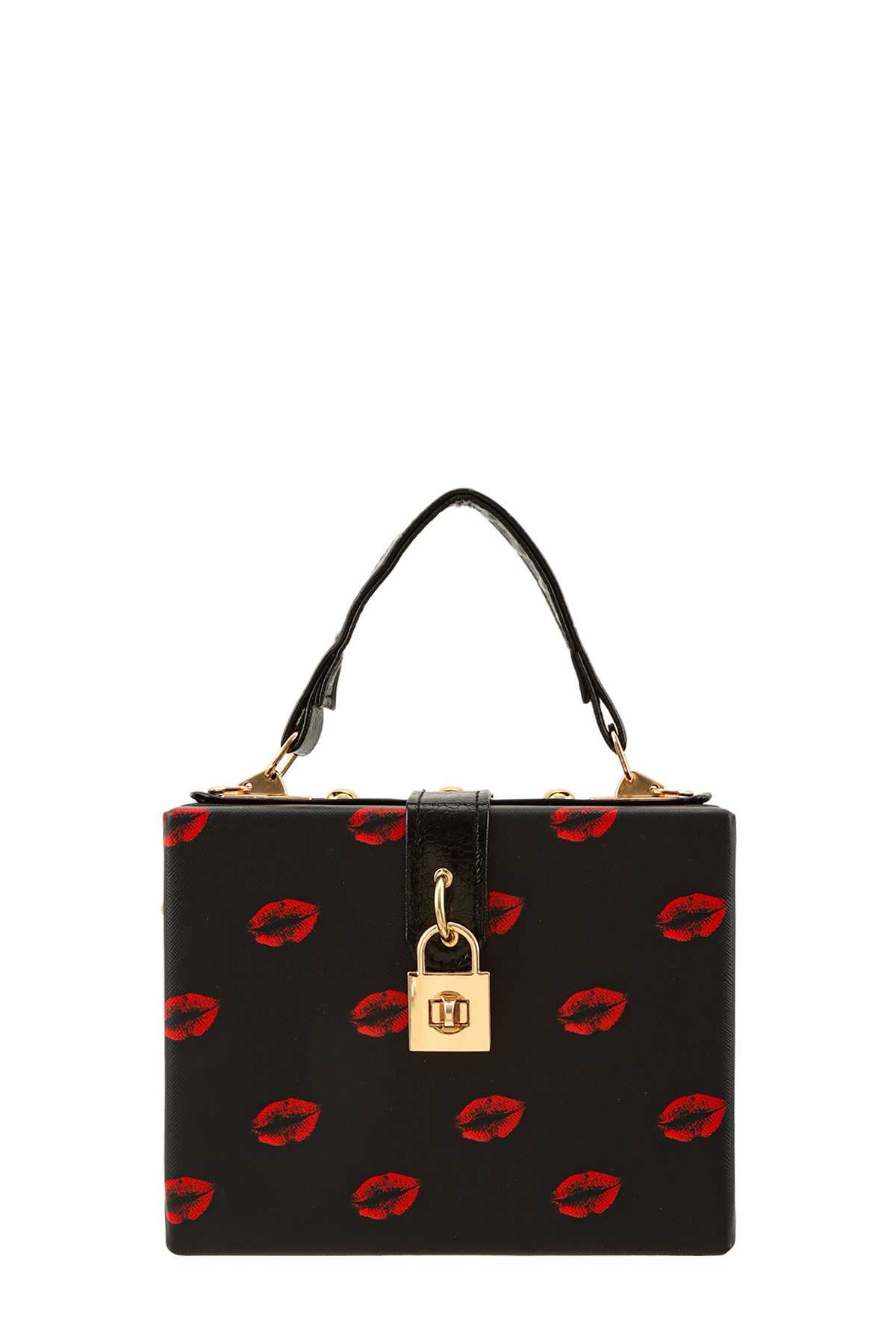 Red Lips Pattern Padlock Accent Rectangle Hard Case Hand Bag