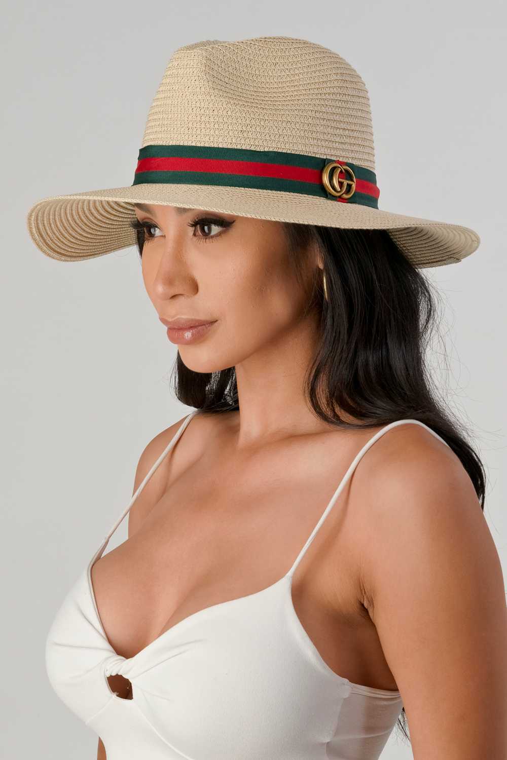 GO Decorated Green and Red Band Straw Fedora Hat