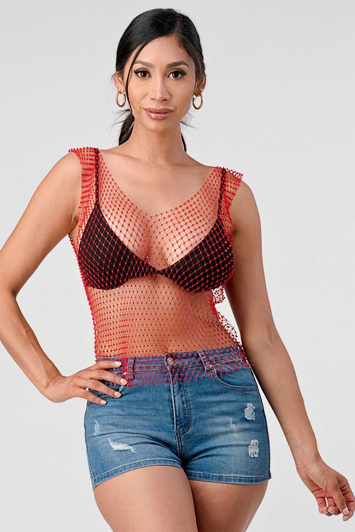 CRYSTAL BEADS AND FISHNET SEAMLESS STRECH CROP TOP