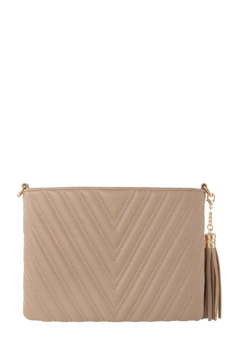 CHEVRON QUILTED CLUTCH WITH TASSEL CHARM