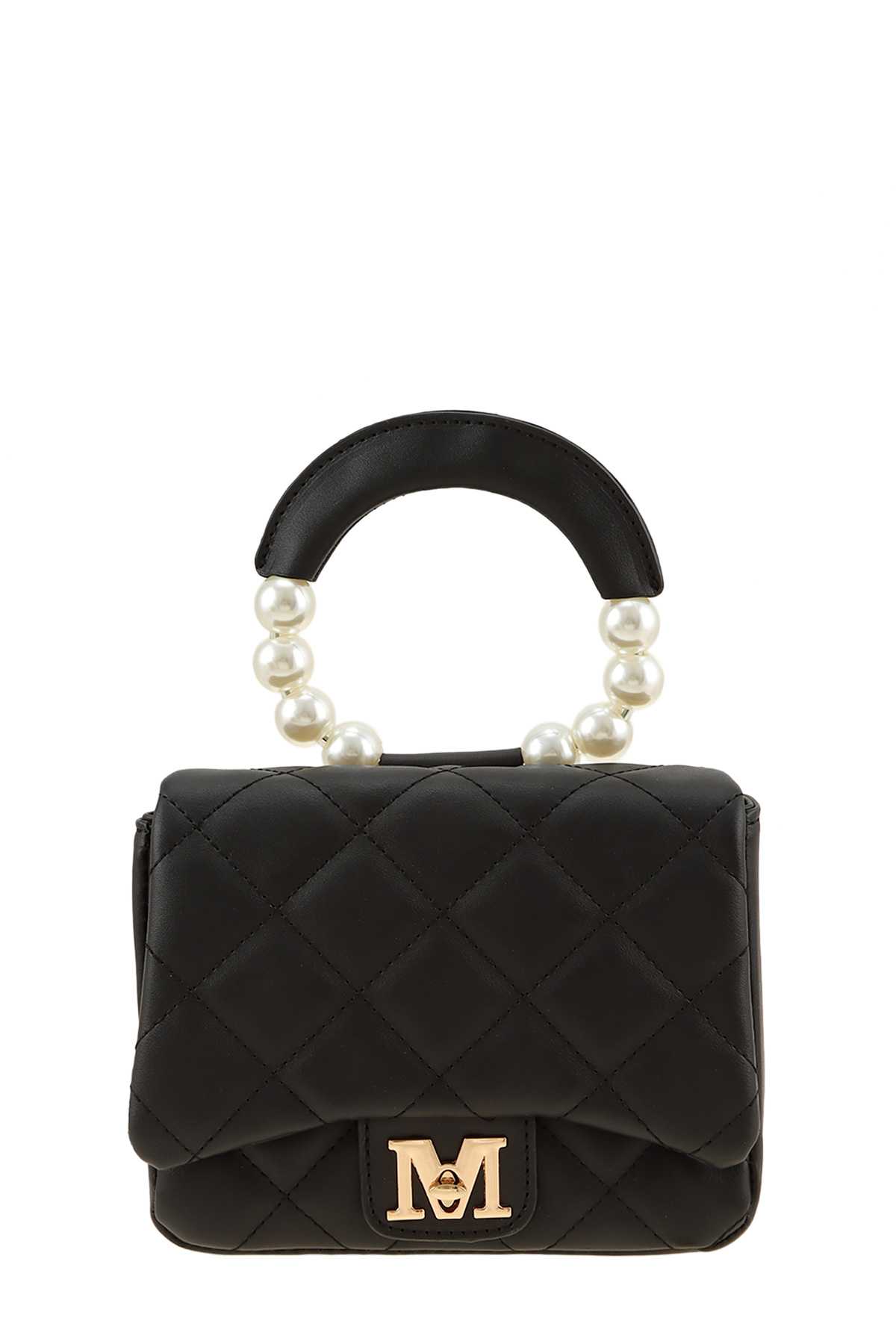 Diamond Quilted Bag with M Accent and Pearl Handle