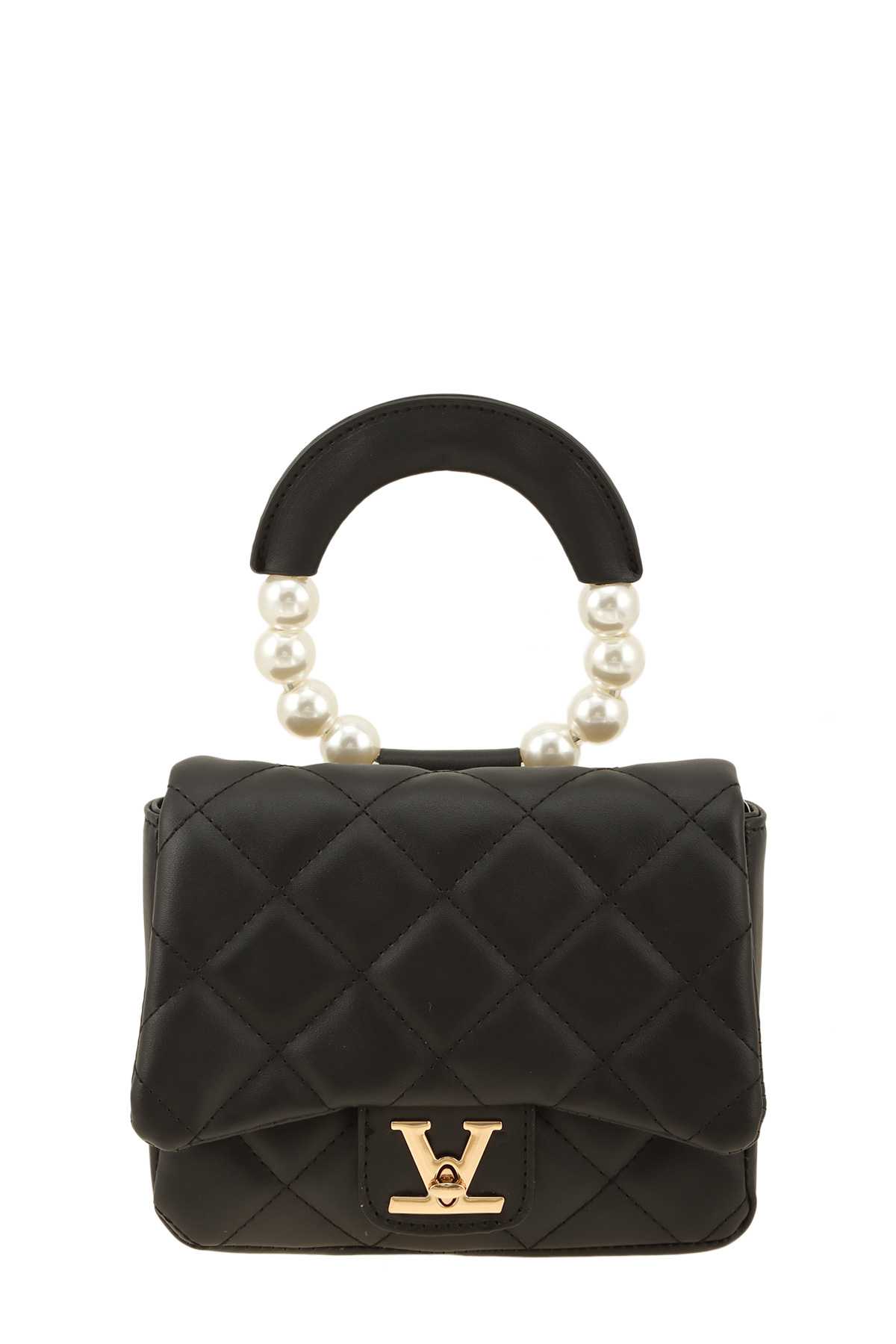 Diamond Quilted Bag with V Accent and Pearl Handle