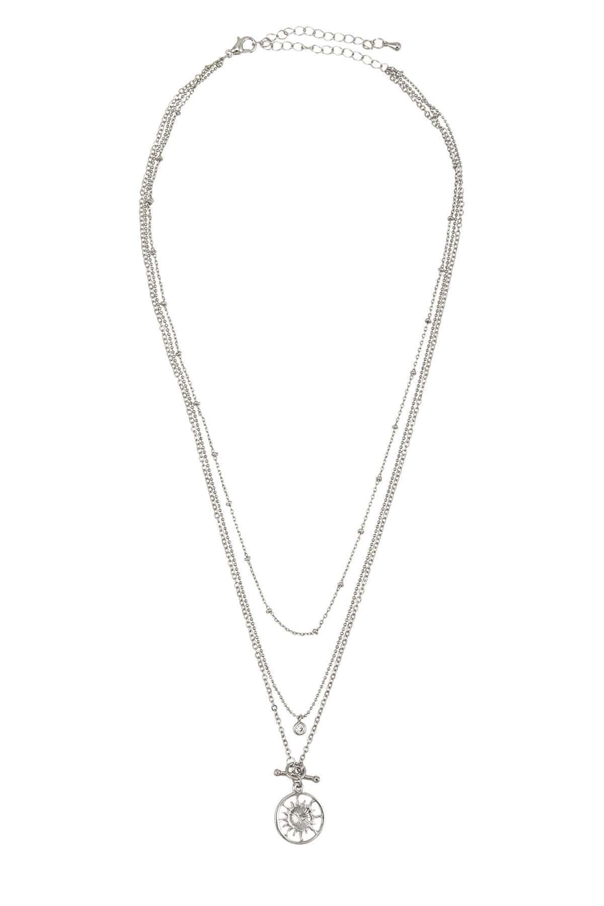 3 Layered Chain Necklace with Textured Disc Charm