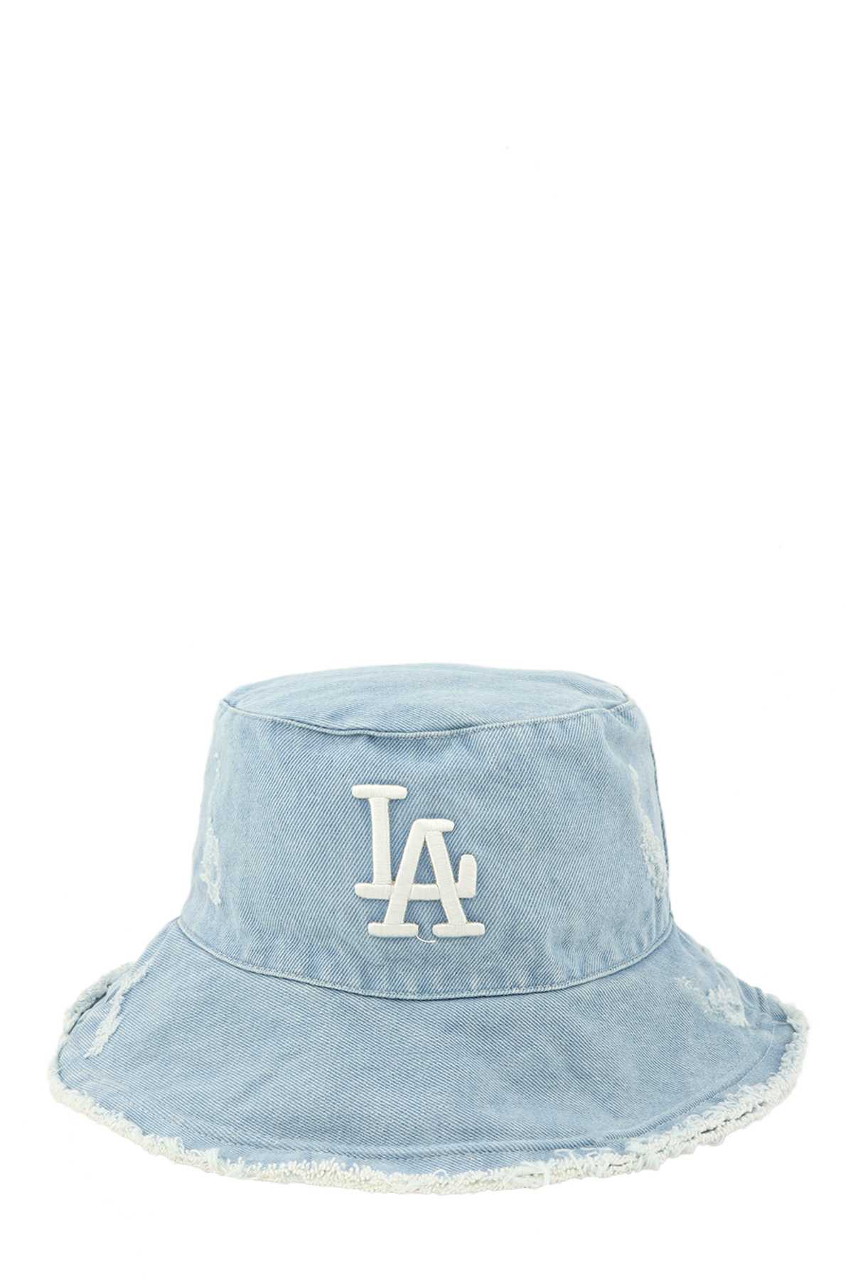 Distressed Denim LA Bucket Hat with Wired Brim