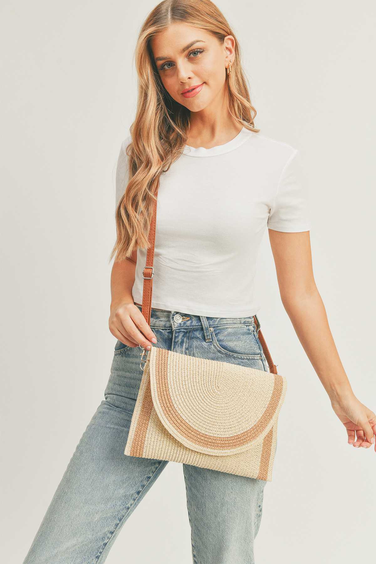 Straw Two Tone Envelope Crossbody And Clutch Bag