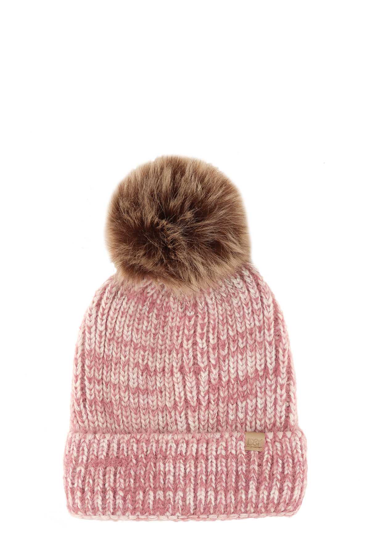 Sable Touch Feather Knit Beanie with Fur Pom