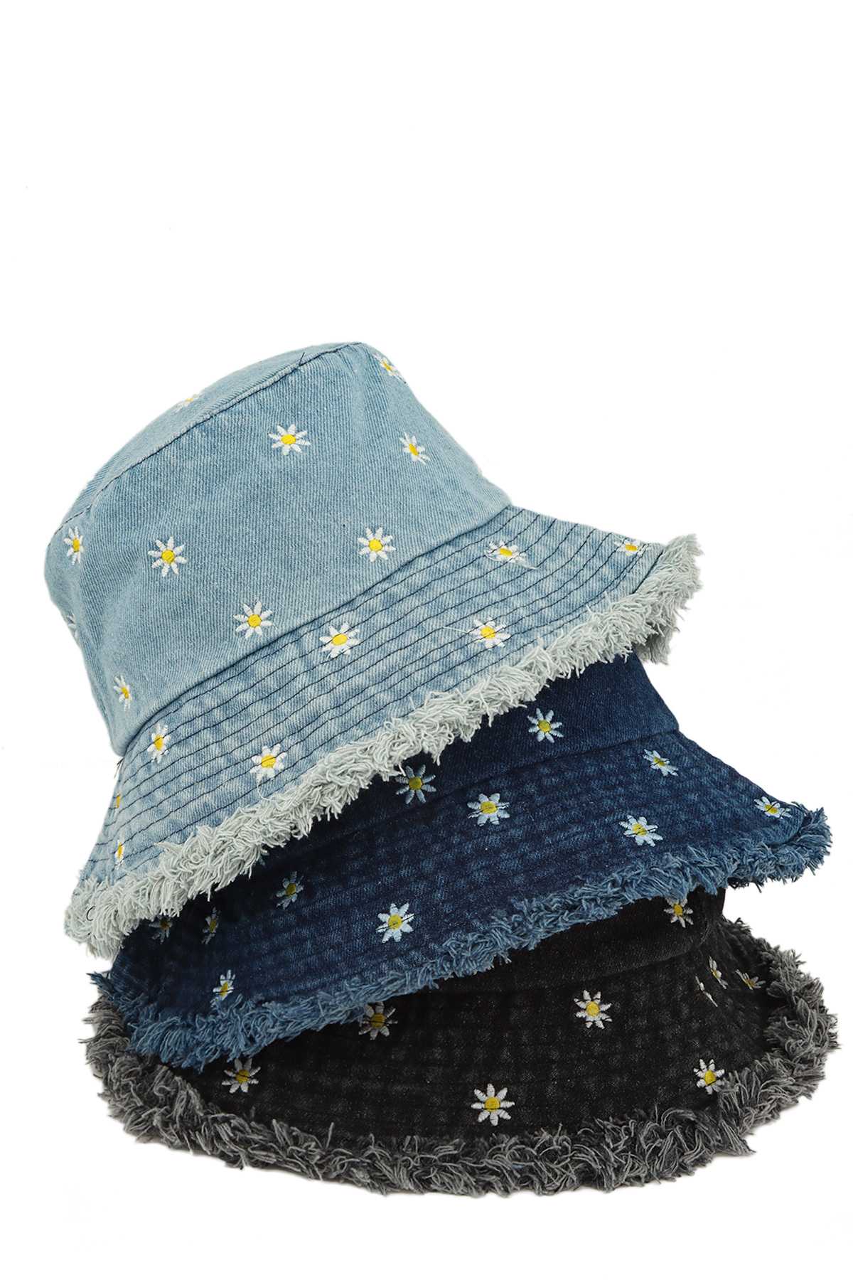 Flower Embroidery Denim Bucket Hat with Distressed Edge