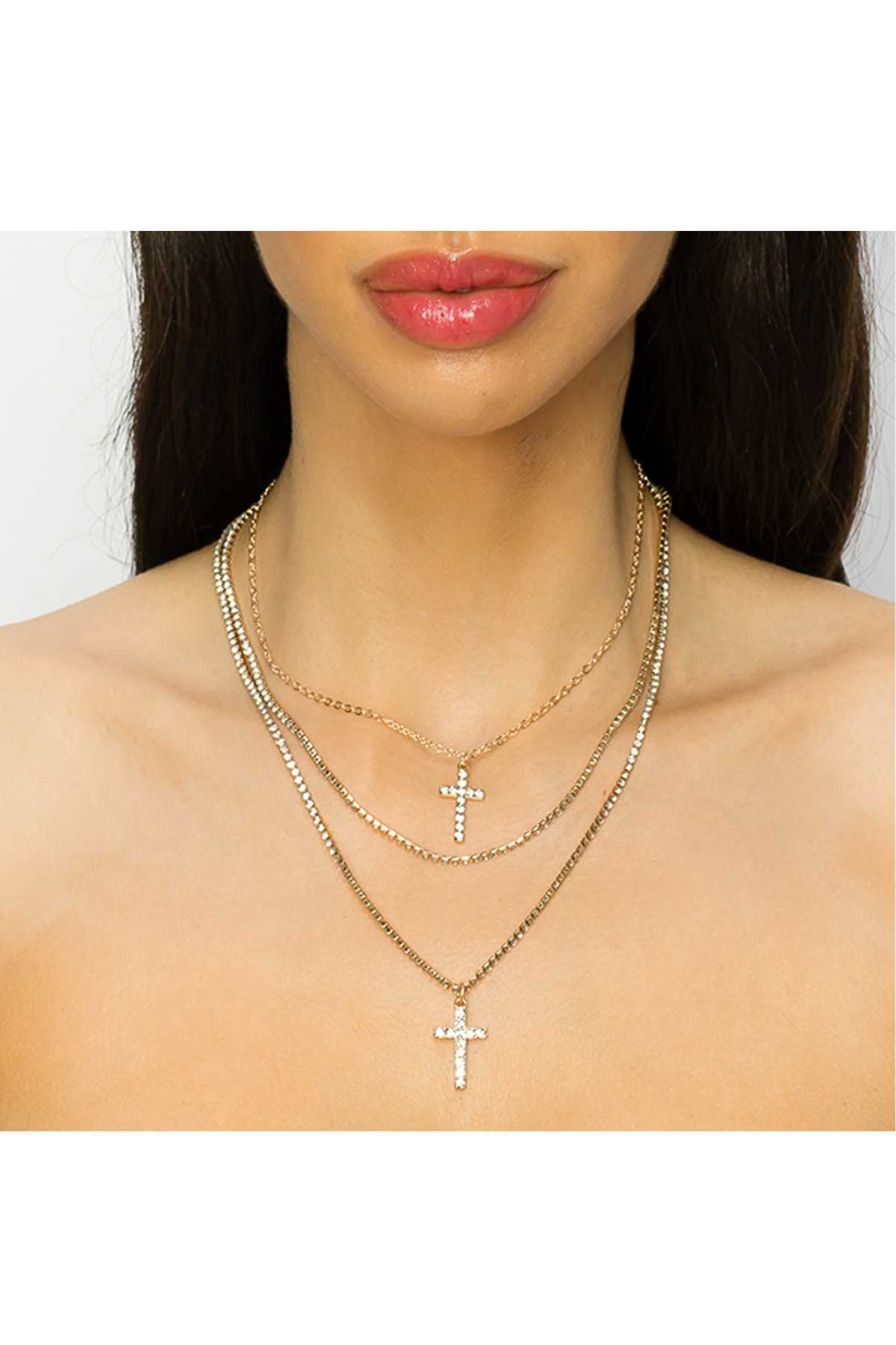 Rhinestone Cross and Layered Chain Necklace