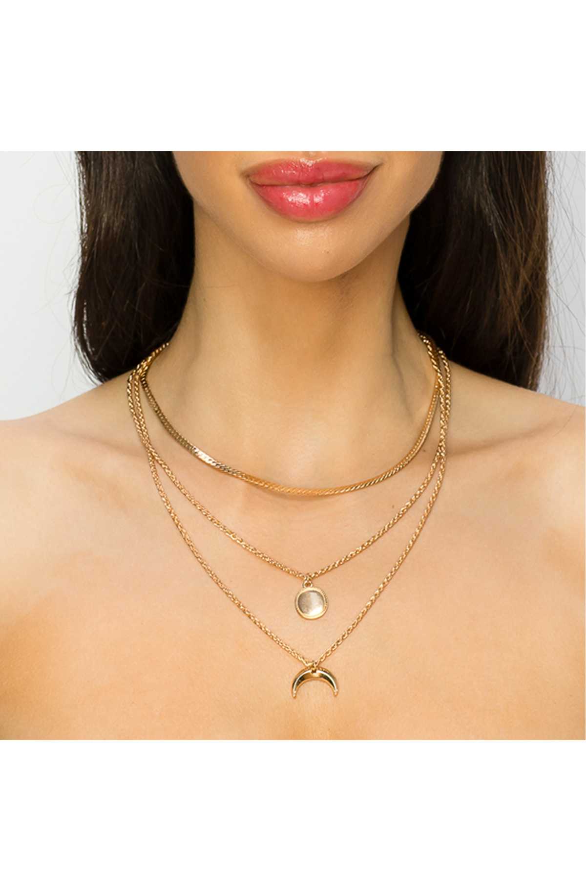 Metal Half Moon and Layered Chain Necklace