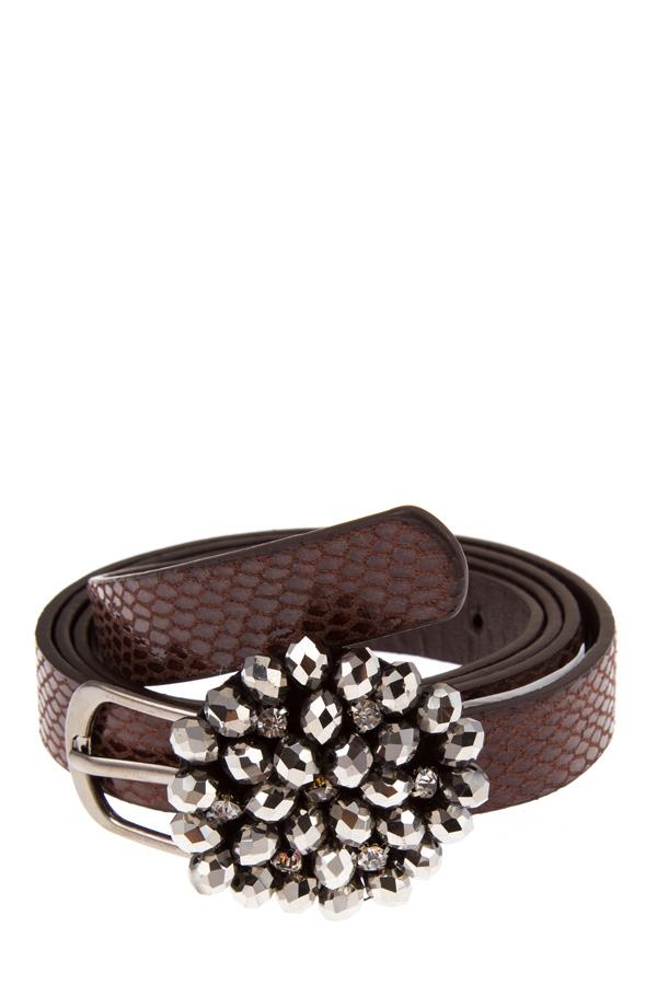 Crystal and beads buckle snake skin faux leather belt