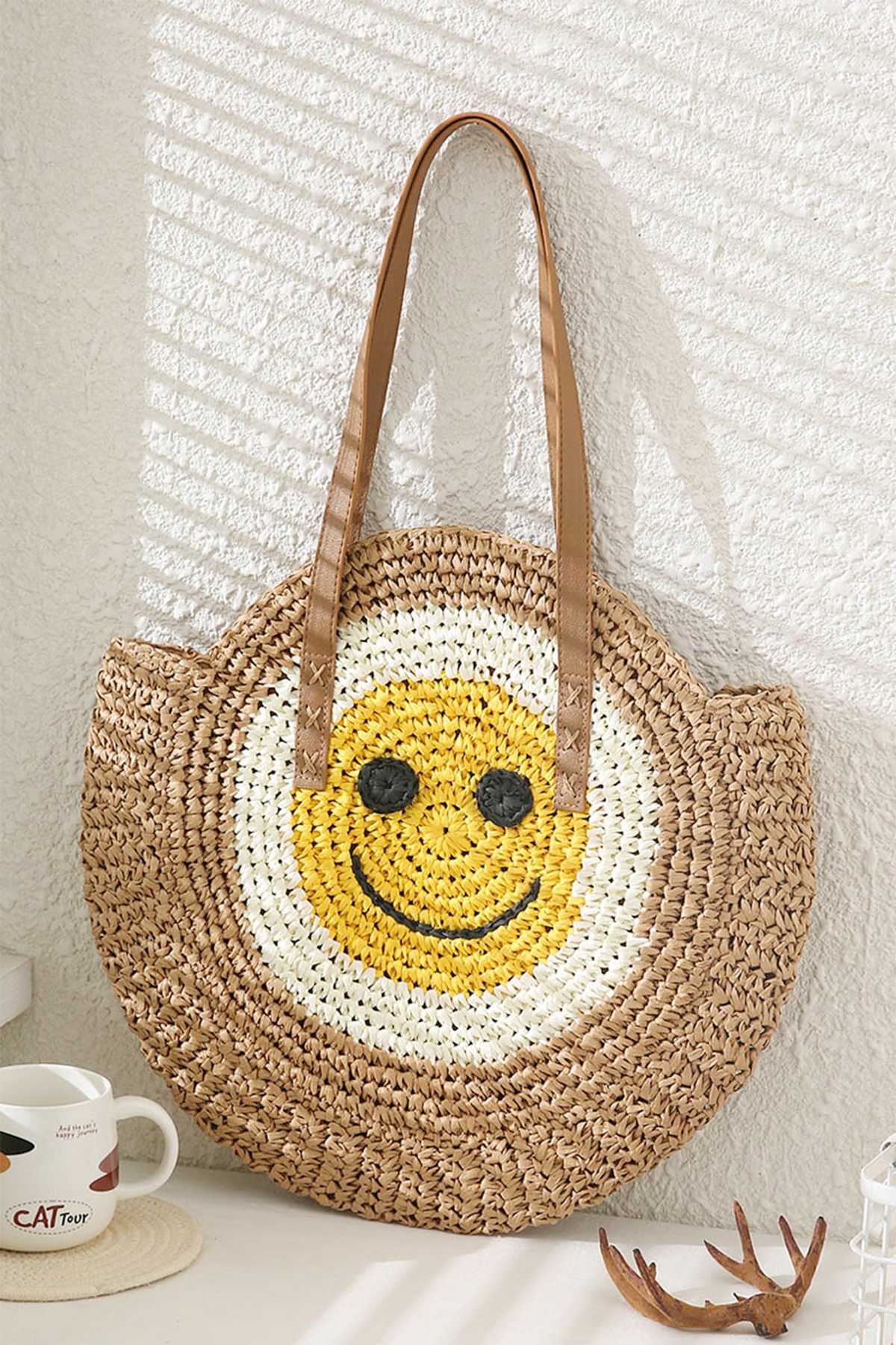 Smile Circle Straw Tote Bag