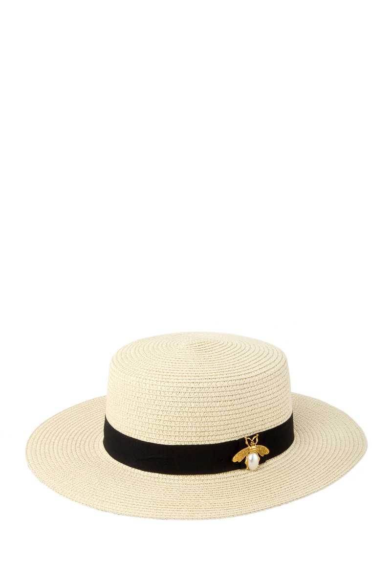 Pearl Bee Charm Flat Top Straw Hat