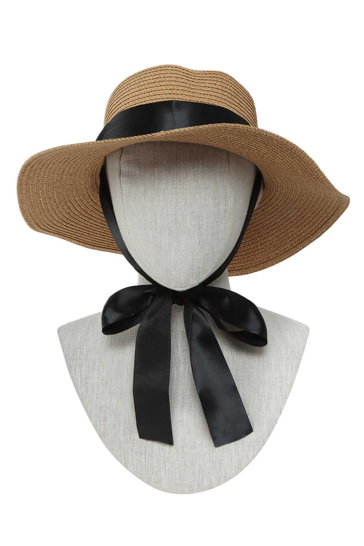 FLAT TOP STRAW HAT WITH SATIN TIE