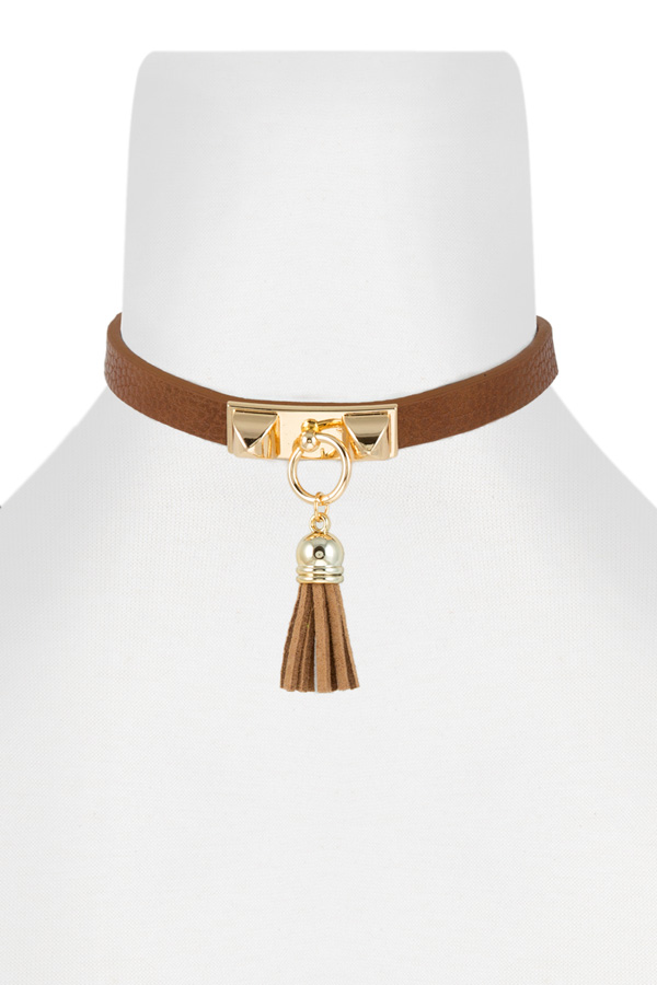 Tassel accent faux leather choker
