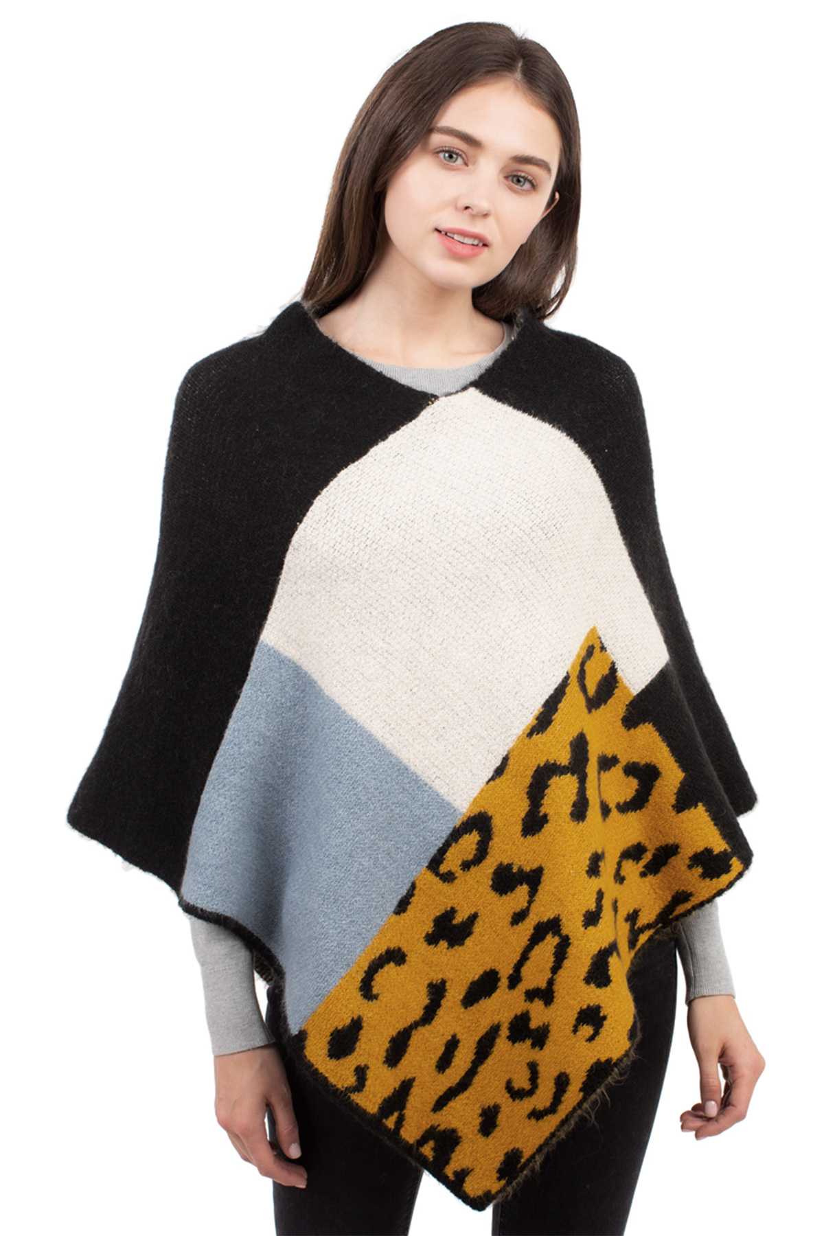 Solid and Leopard Pattern Soft Texture Poncho