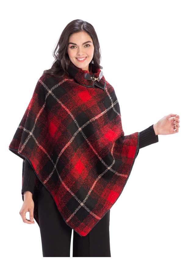 Plaid Design Poncho with Buckle Accent