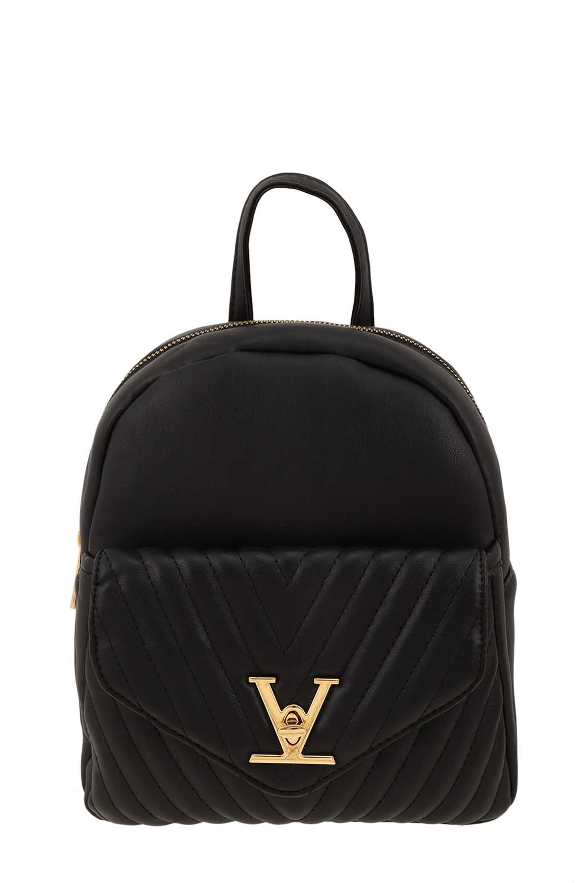 V buckle Leather Backpack