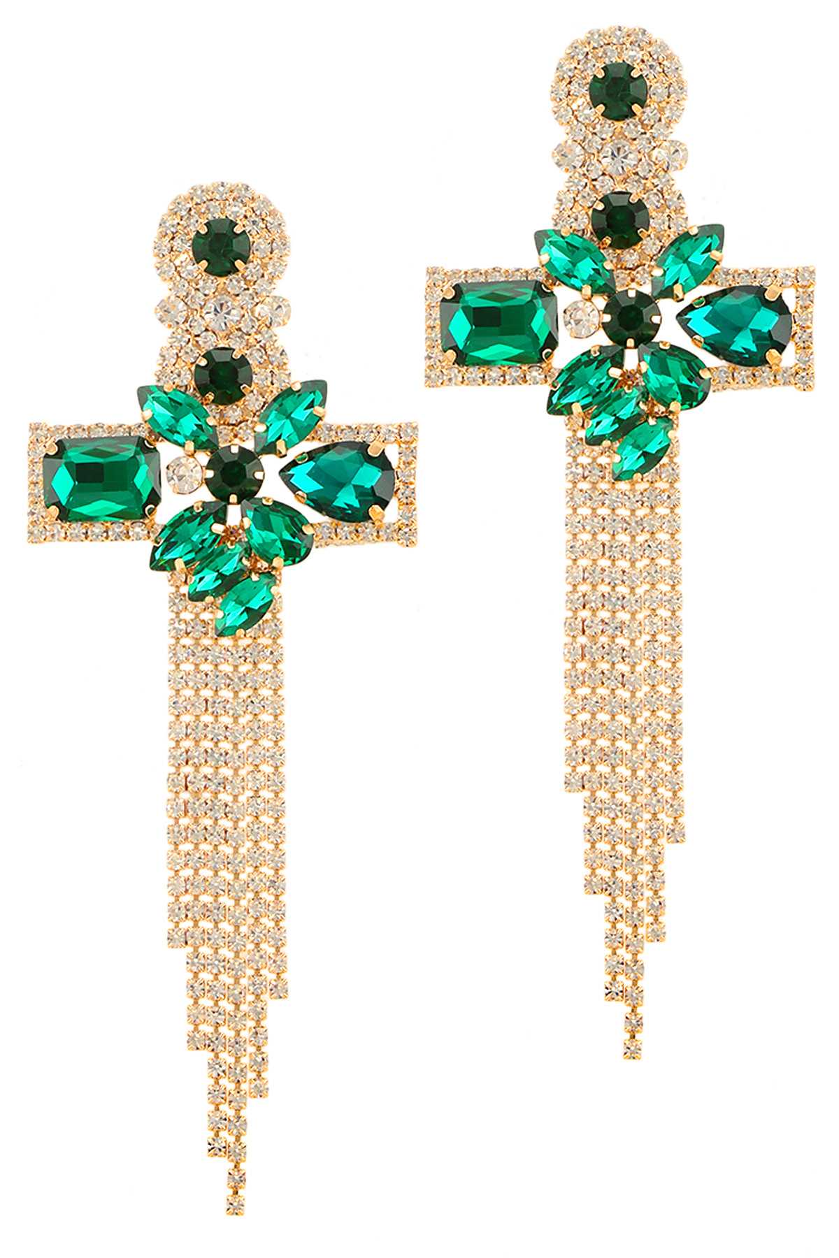 Cross Shape Glass Accent with Fringe Stud Earring