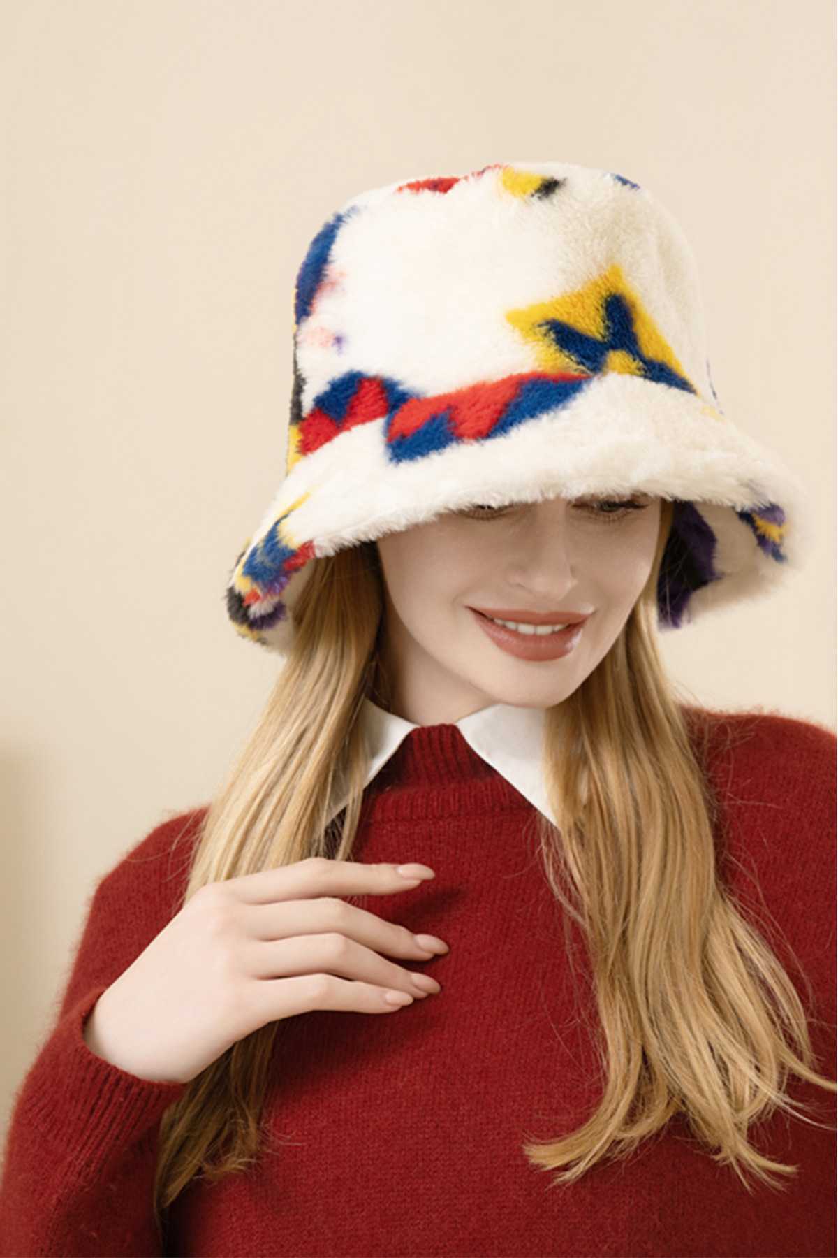 Multi Color Pattern White Faux Fur Bucket Hat