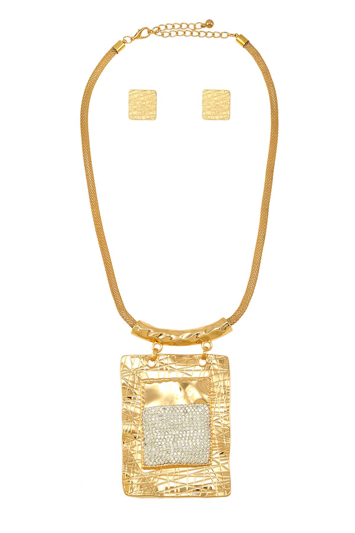 Hammered Metal With Square Pendant Necklace Set