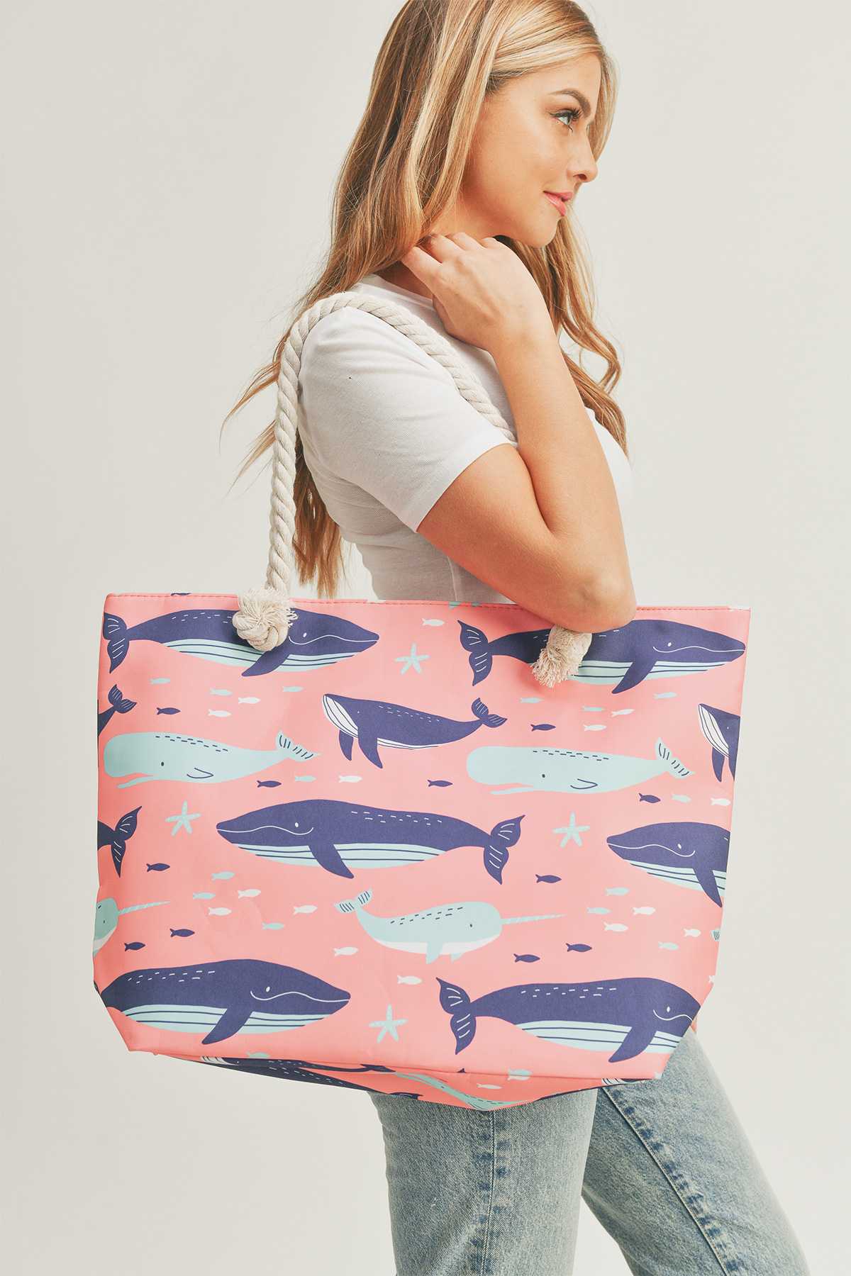 Whale Print Tote Bag With Rope Handles