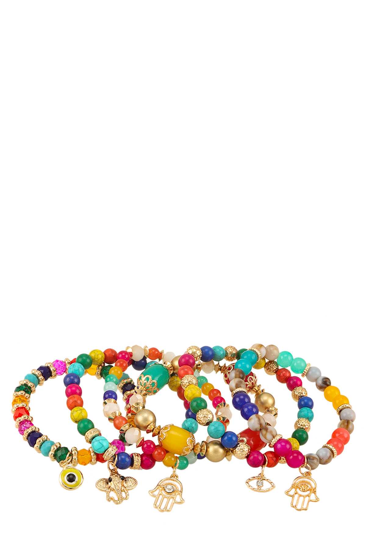 Six Bracelets with Beads and Hamsa Charm