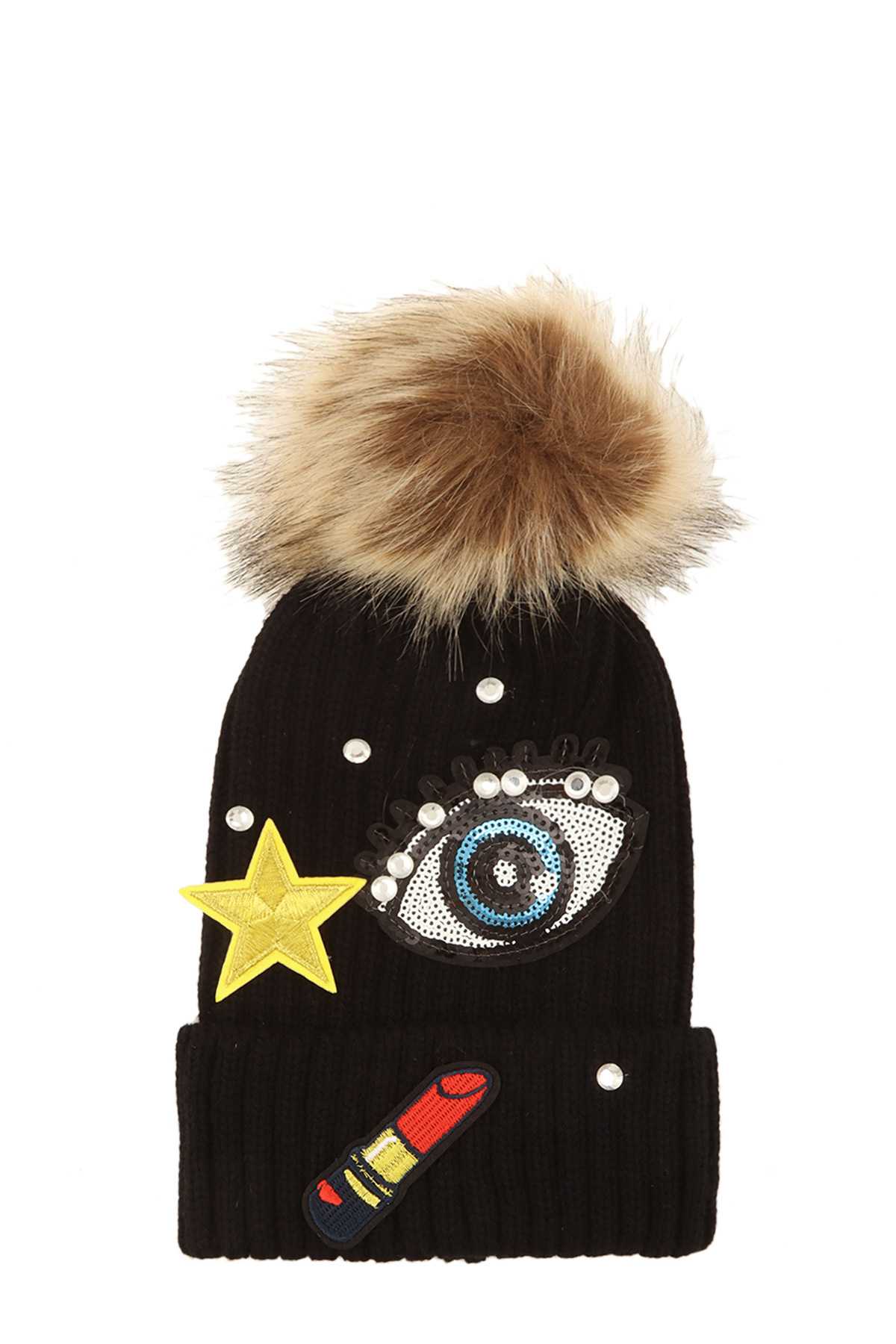 Eye and Star Accent Knit Beanie with Fur Pom