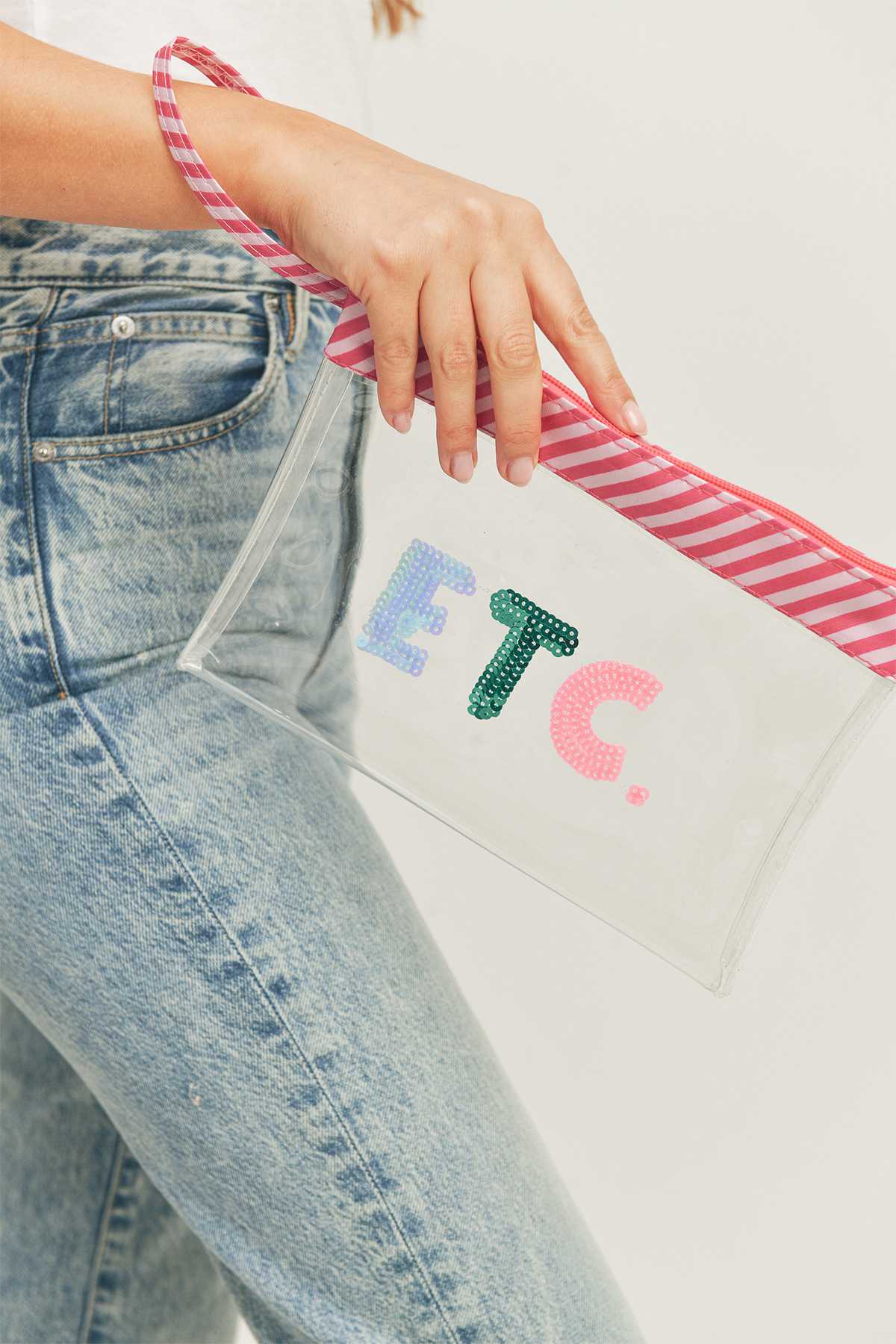 Sequin Letter ETC Clear Pouch with Wrist Strap