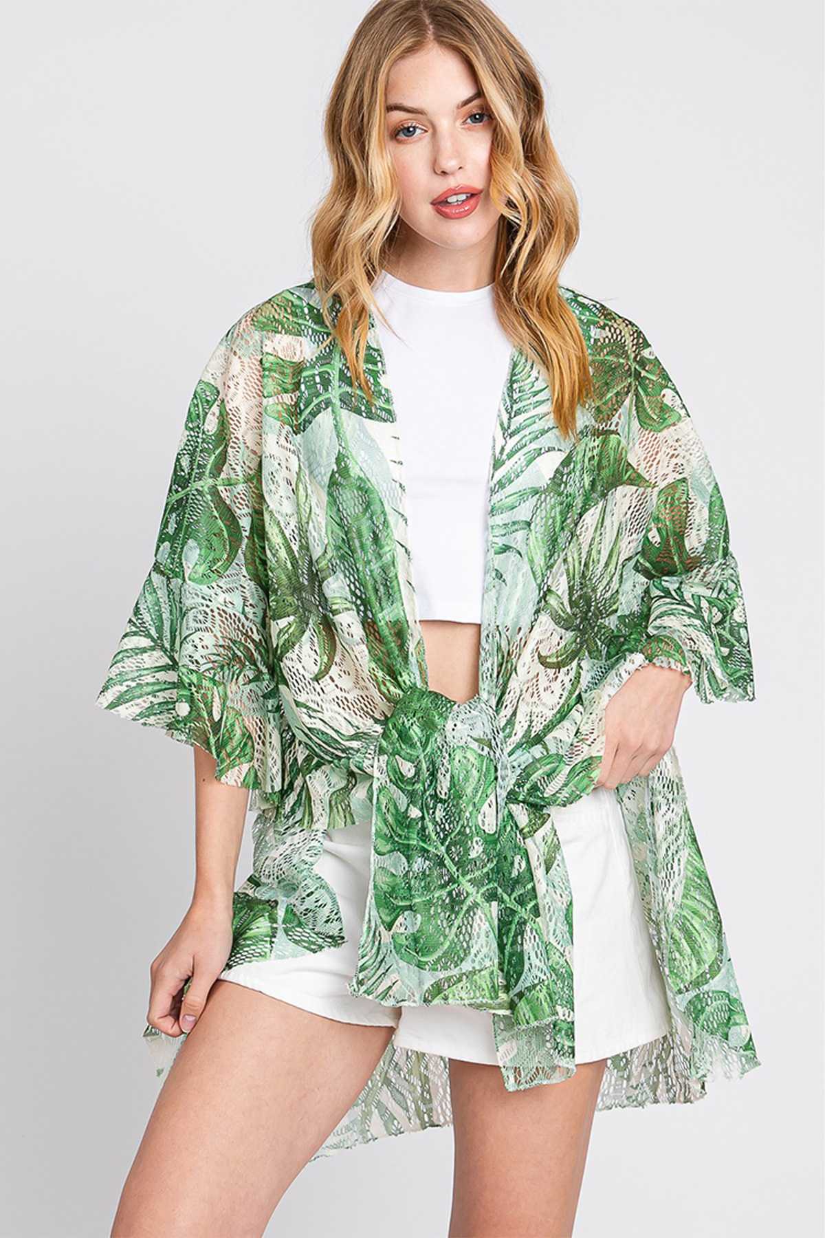 Ruffle Lined Tropical Leaves Print Cover Up