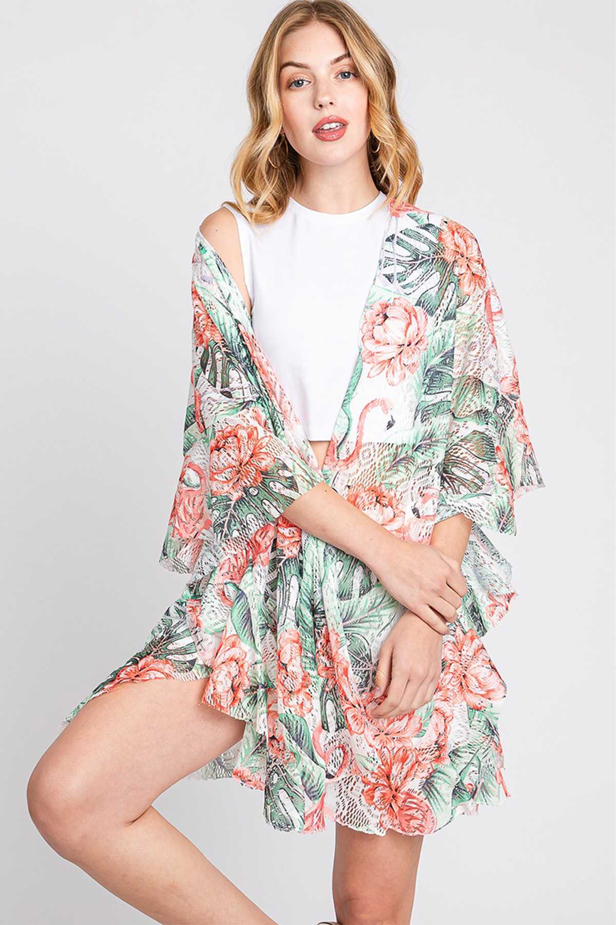 Ruffle Lined Tropical Flamingo Print Cover up