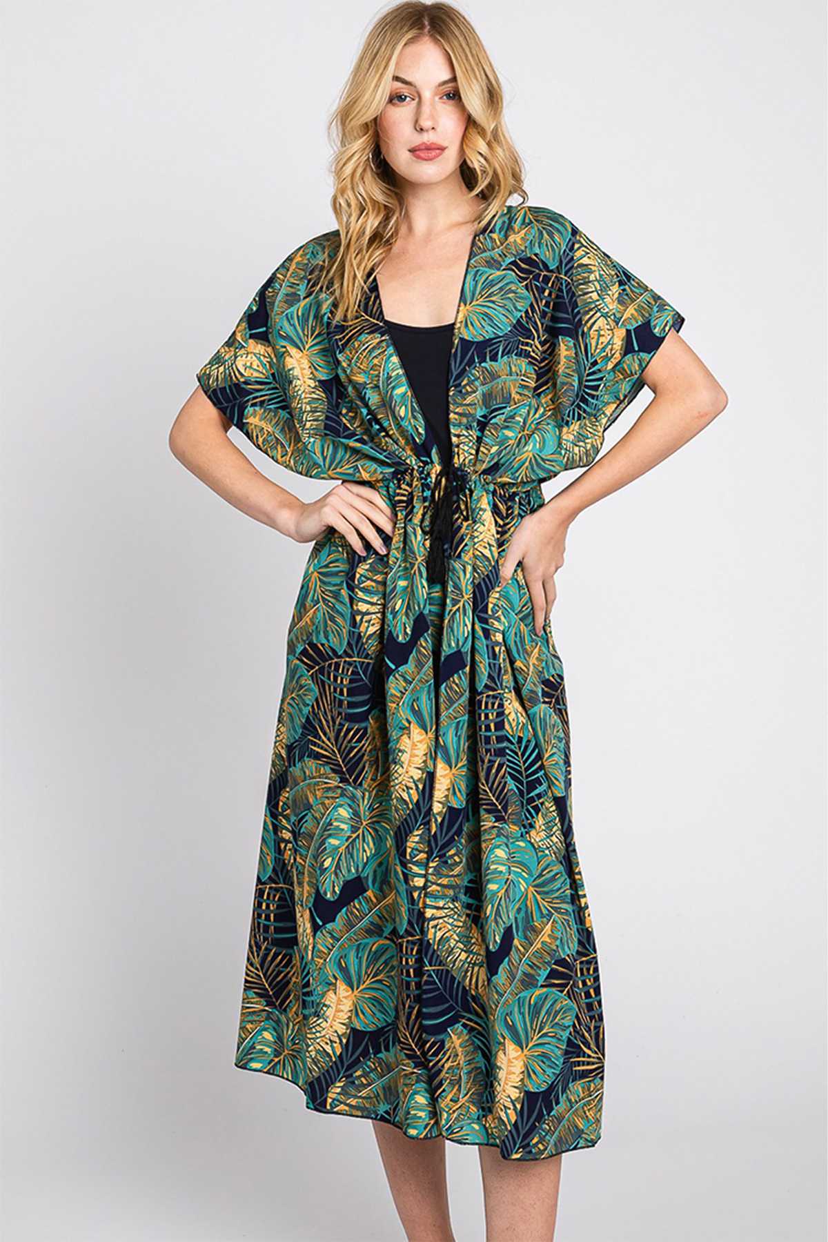Tropical Leaves Print Open Front Cover Up