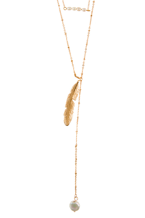 Metal leaf and natural stone accent skinny necklace