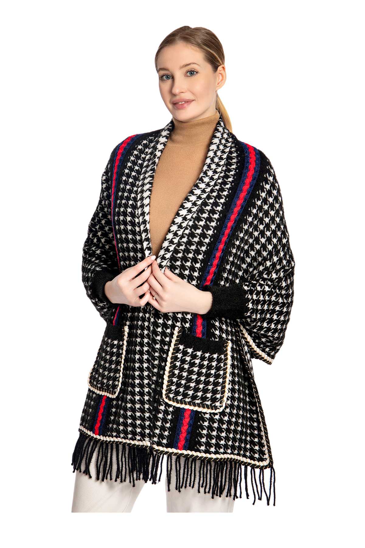 Houndstooth Sleeve Poncho with Pocket