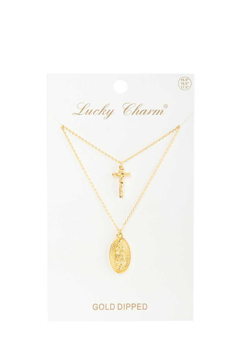 Gold Dipped Maria and Cross Pendant Necklace