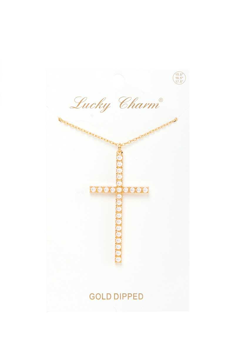 Gold Dipped Pearl Cross Charm Necklace