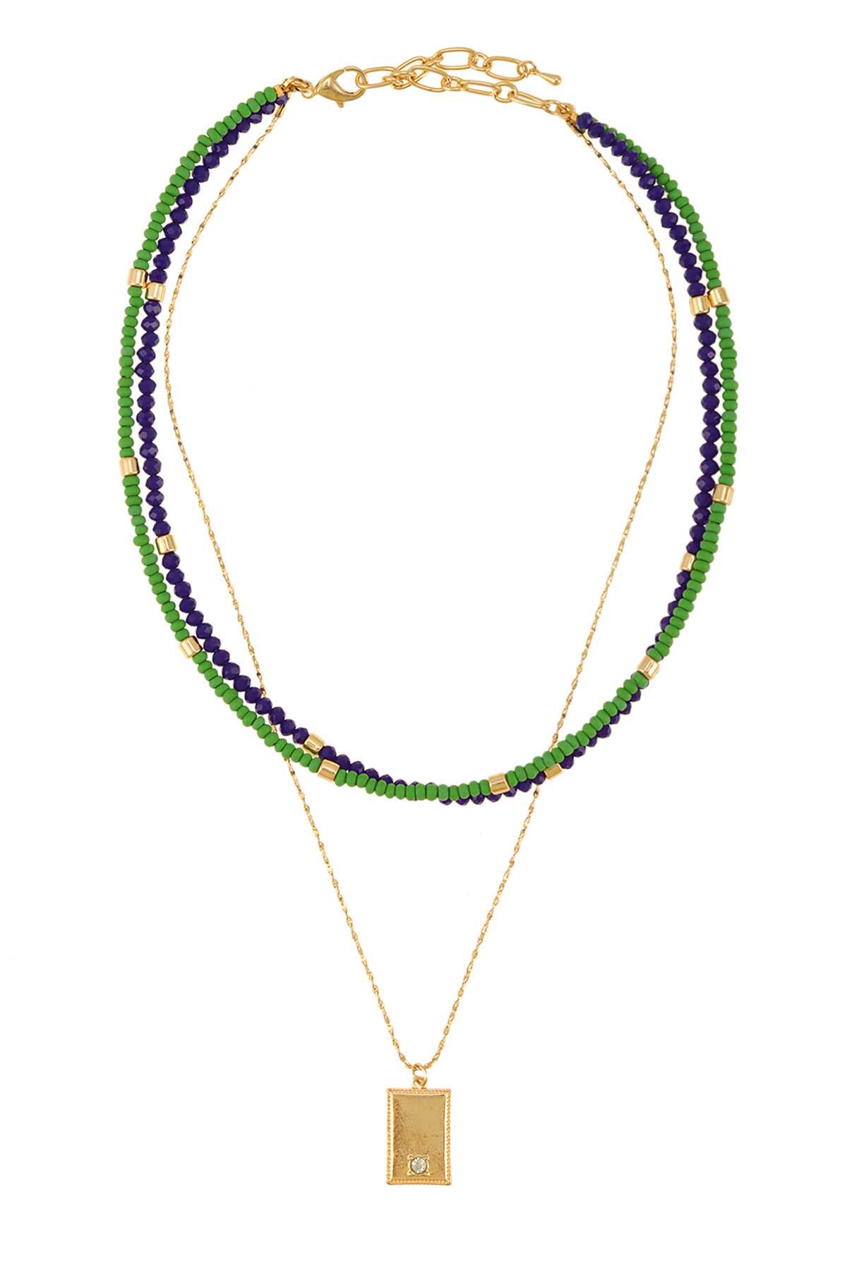 Multi Color Three Line And Square Charm Necklace