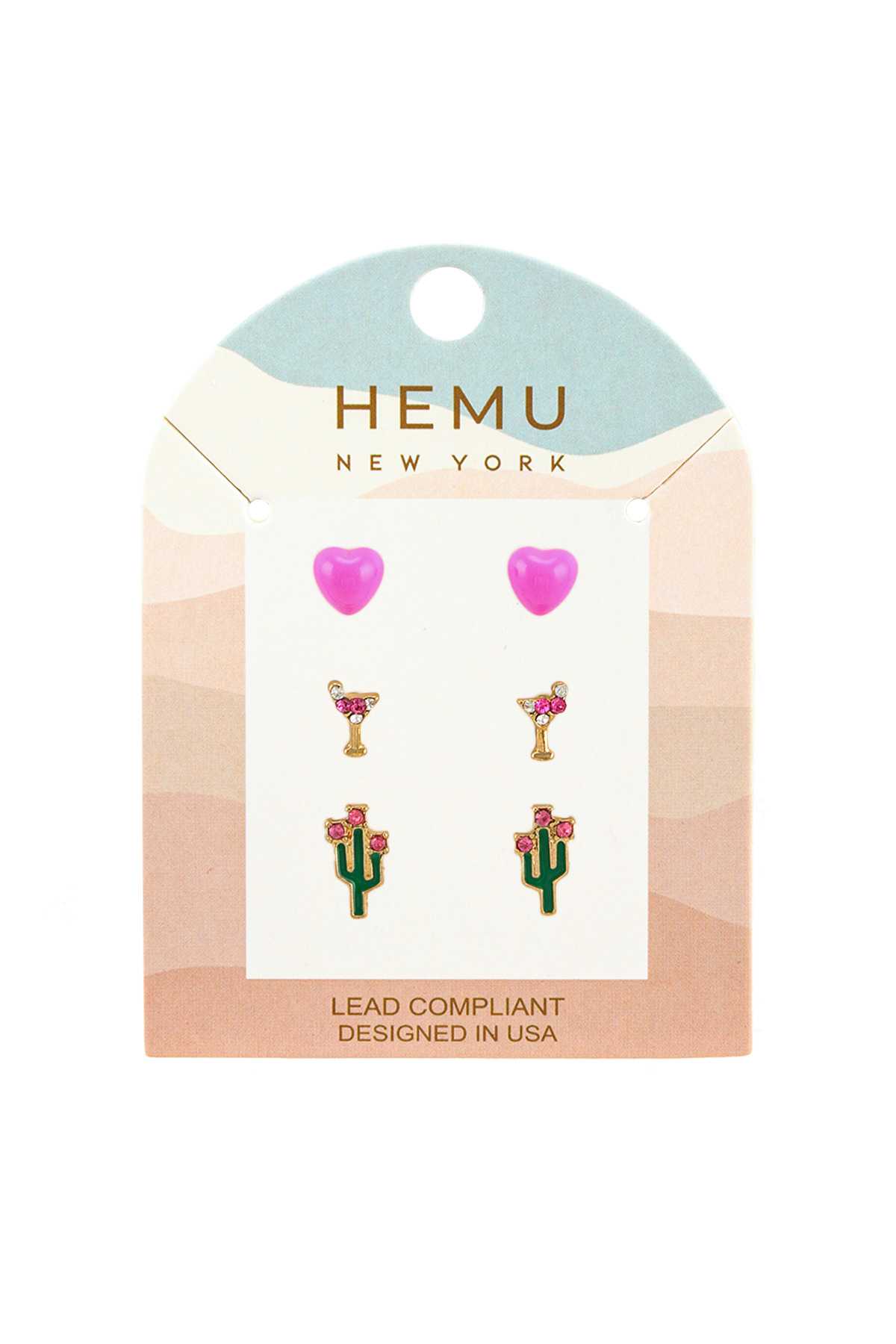 Heart and Cactus Stud Earrings Set