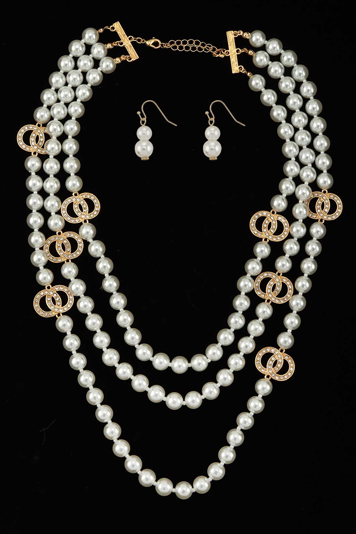 Rhinestone Double O Charm Pearl Necklace Set