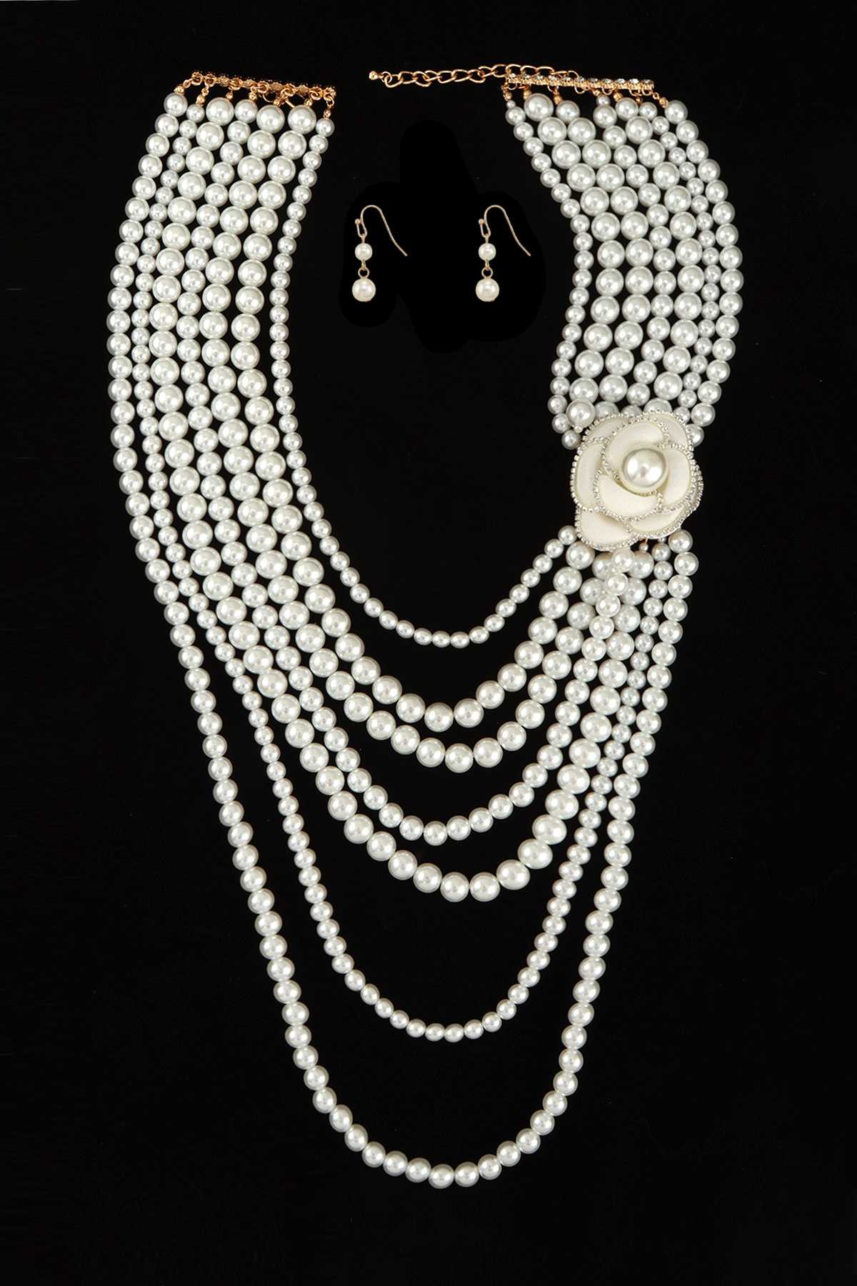 Pearl and Flower Long Necklace Set