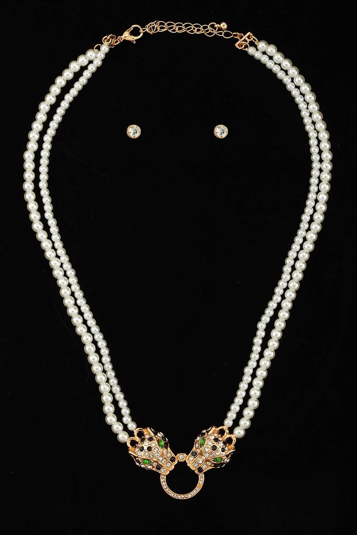 Rhinestone Animal Head Charm Pearl Necklace Set