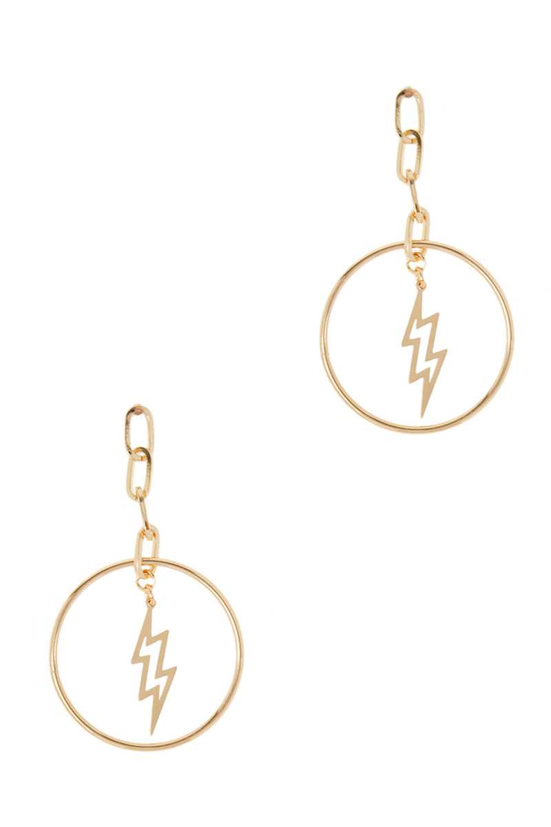 Lightning Bolt Charm Stud Earring with Round Metal