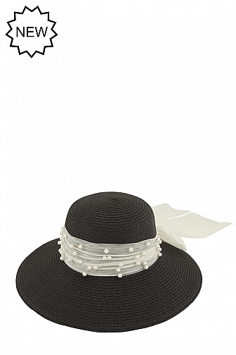 PEARL ACCENT MESH RIBBON SUN HAT 