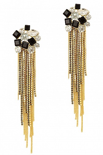 GEOMETRIC CRYSTAL ACCENT WITH RHINESTONE FRINGE EARRING
