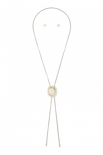 TIE NECKLACE SET WITH SQUARE RHINESTONE DESIGN ACCENT