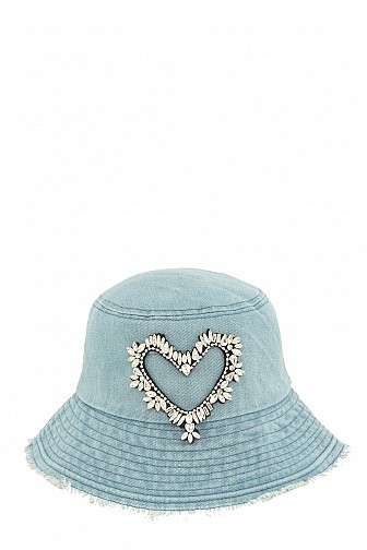 Rhinestone Heart Patched Denim Bucket Hat