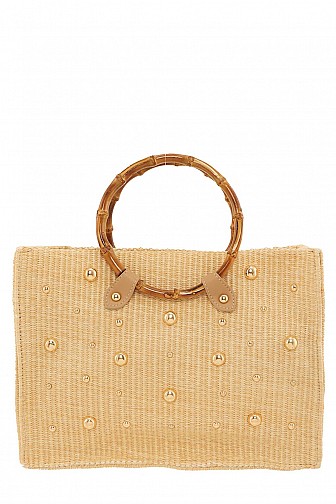 STUD EMBELLISHED STRAW WOODEN HANDLE HANDBAG